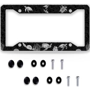 Sea Turtle License Plate Frames & Covers -1 Piece Ocean Waves Coral Black Aluminum Metal Automotive Exterior Decorative Accessories for Front and Rear Car Tags with Screws 12.3" X 6.3" for Men Women