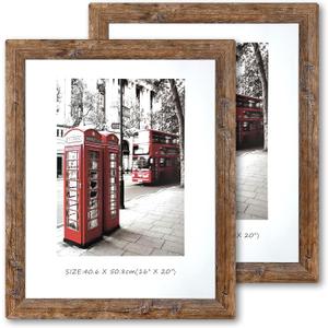 16x20 Picture Frame, Set of 2 Picture Frames Plexiglass and Composite Wooden Rustic Rounded Corners Poster Frame for Wall Mount with Hanging Hardware(Brown)