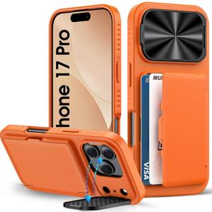 BXYJY for iPhone 17 Pro Wallet Case with Camera Cover Kickstand, Card Holder (3-5 Cards), Military Grade Drop, Heavy Duty Women Men Protective Phone Case for iPhone 17 Pro 6.3" 2025, Orange