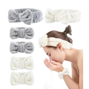 6PC Spa Headband and Wristband Set for Face Washing & Skincare - Soft Microfiber Makeup Headband with Wrist Bands for Women & Girls, Pink + White, Skincare Essentials(Grey+Beige)
