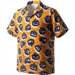 Men Halloween Shirt Fun Pumpkin Print Button Up Shirts Casual Hawaiian Short Sleeve Shirt Holiday Aloha Shirts (Orange, XXL)