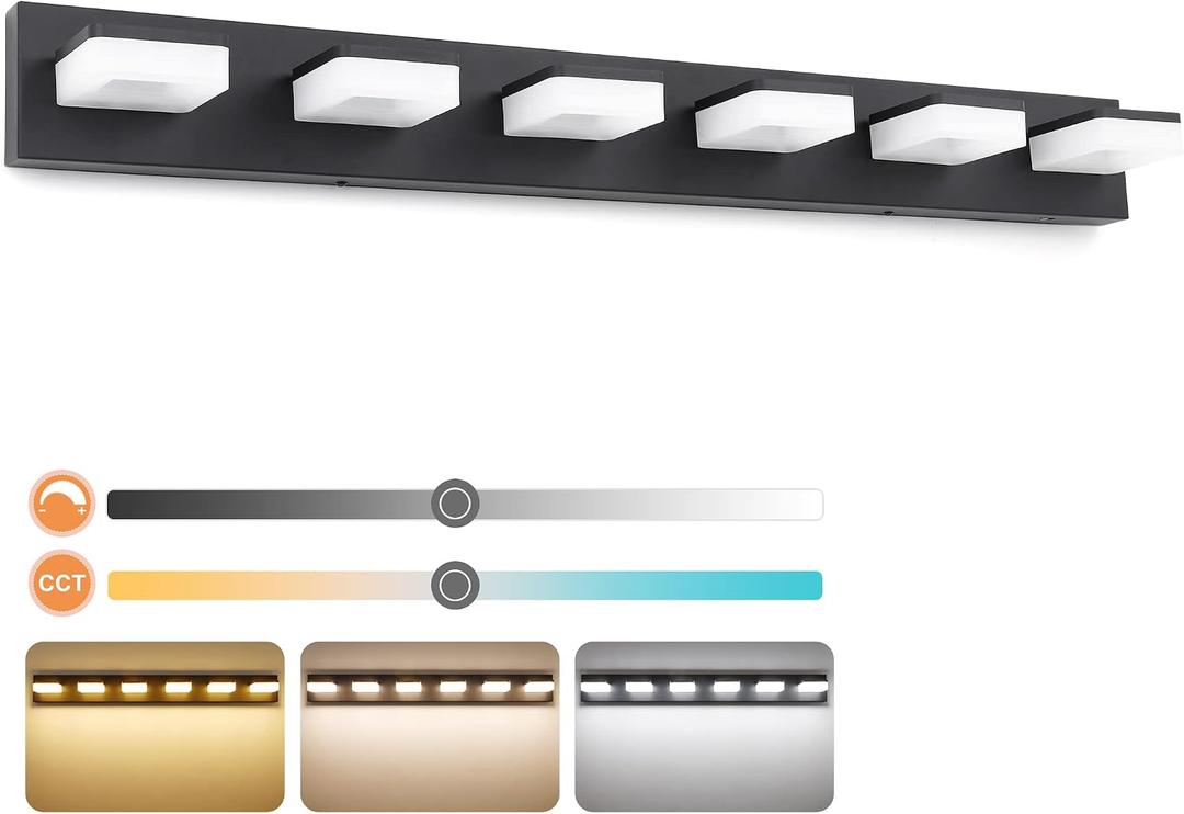 GOODATE 3 Colors Dimmable Bathroom Light Fixtures Over Mirror, LED Black Vanity Lights, Acrylic Stainless Steel 6 Light Bathroom Vanity Light Fixtures, Adjustable 3000K/4000K/6000K, 360 Rotate