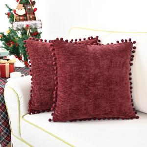 CaliTime Throw Pillow Cases Pack of 2 Cozy Solid Dyed Soft Chenille Cushion Covers with Pom Poms for Couch Sofa Home Decoration 20 X 20 Inches Burgundy