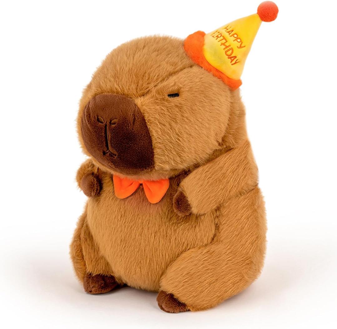 Capybara Plush with Happy Birthday Hat Bow Soft Capibara Stuffed Animal Plushies Toys Gifts for Valentines Birthday Party Decoration for Kids Brown 9 inch