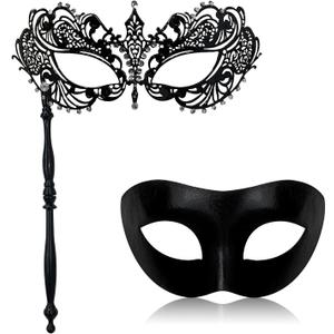 IncreDecor Couple Masquerade Mask with Holding Stick Venetian Metal Masks Halloween Mardi Gras Costume Mask for Women & Men (Classic Black)