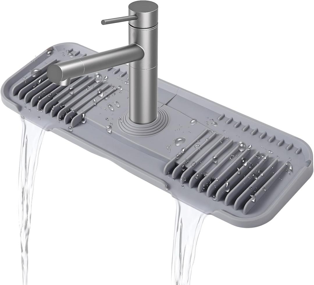 Silicone Faucet Mat Silicone Faucet Drip Catcher with Cuttable Circular Central for Kitchen Sink, Tailor-Made for Faucets with Deck PlateLight Grey