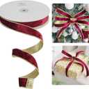 HUIHUANG Burgundy Velvet Wired Ribbon 1 inch Velvet with Glitter Gold Double Sided Christmas Ribbon for Trees, Gift Wrapping, Wreaths, Garlands, Swags, Crafts Bows- Continuous 20 Yards