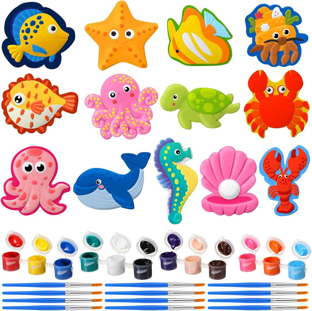 Soulchen 24 Sets Ocean Animals Painting Gifts Summer Holiday DIY Plaster Craft Kit with Cards Ocean Animal DIY Coloring Craft for Exchange Gift Birthday Party Painting Activities