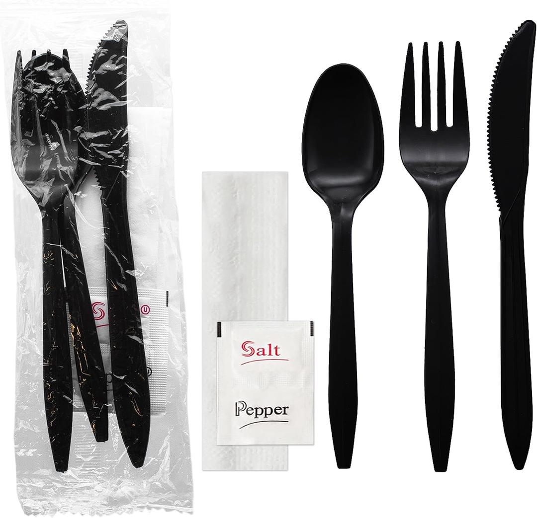 Party Essentials Individually Wrapped Plastic Cutlery Packets/Silverware Kits, Black Fork/Spoon/Knife/Napkin/Salt/Pepper, 100 Sets