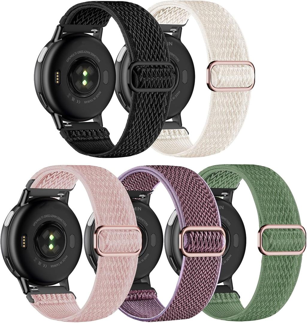 5 Pack Stretchy Nylon Bands Compatible with Garmin Vivoactive 5/Vivoactive 6/Forerunner 55/165 Watch,20mm Soft Elastic Adjustable Replacement Sport Straps for Garmin Venu Sq 2 Women Men