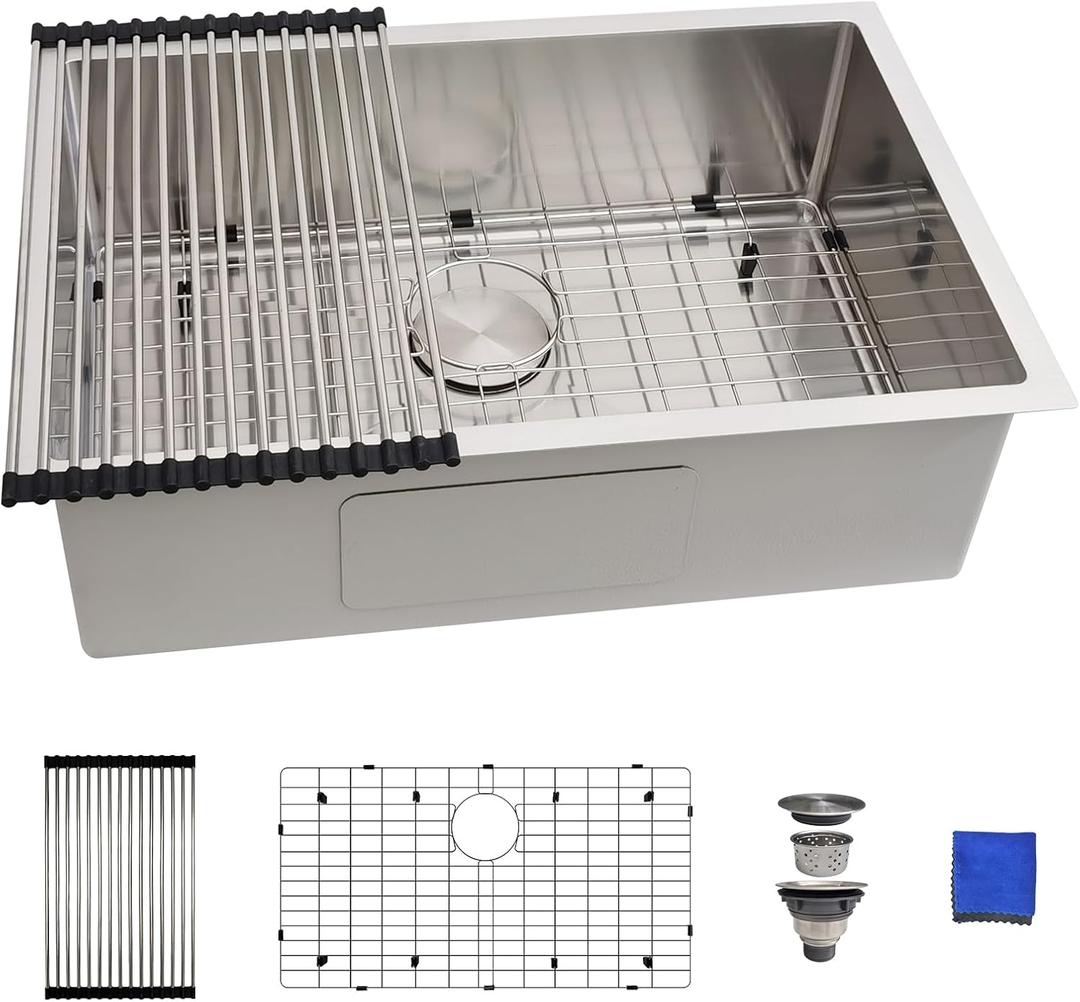 27 Inch Undermount Kitchen Sink - Delironexu 16 Gauge Stainless Steel Sinks, 27''x18'' Single Bowl Kitchen Sinks, Undermount Sink with 4 Accessories