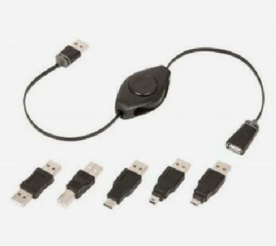 6 Ft Black USB Extension Cable Retractable Cord 2.1Amp 480mpbs 5 Adapters