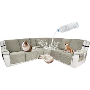 Waterproof Sectional Reclining Couch Covers L Shaped Recliner Sectional Sofa Cover 8 Piece Non Slip Washable Corner Recliner Slipcover Set for Pet Dog (5 Seater 1 Console Cover, Linen Gray)