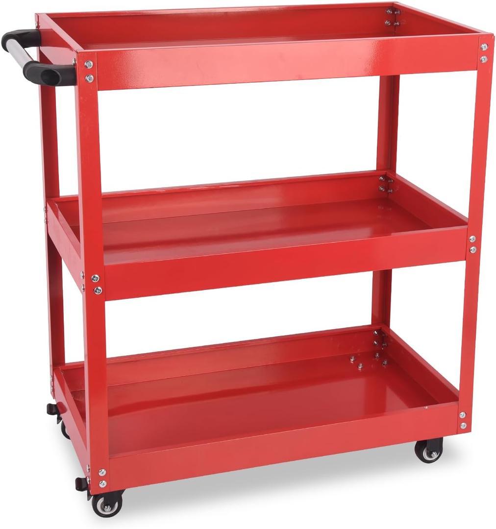 3-Tier Utility Cart, 330 Lbs Load Capacity, Heavy Duty Rolling Tool Cart with Wheels, Red Steel Service Cart for Workshop and Garage Storage