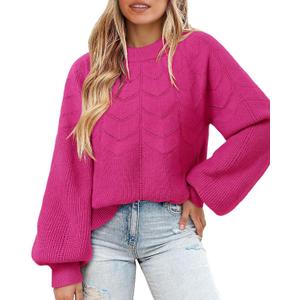 Messic Womens Pullover Sweaters 2025 Casual Long Sleeve Crewneck Loose Knit Tops (Large, Rose)