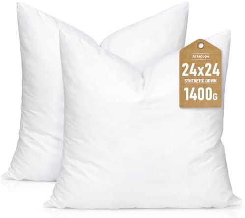 Artscope Synthetic Down Pillow Insert, 24x24 Down Alternative Throw Pillow Insert. Ultra Soft Fluffy Sleeping Pillow with 100% Cotton Cover, Decorative Pillows Set of 2-White.