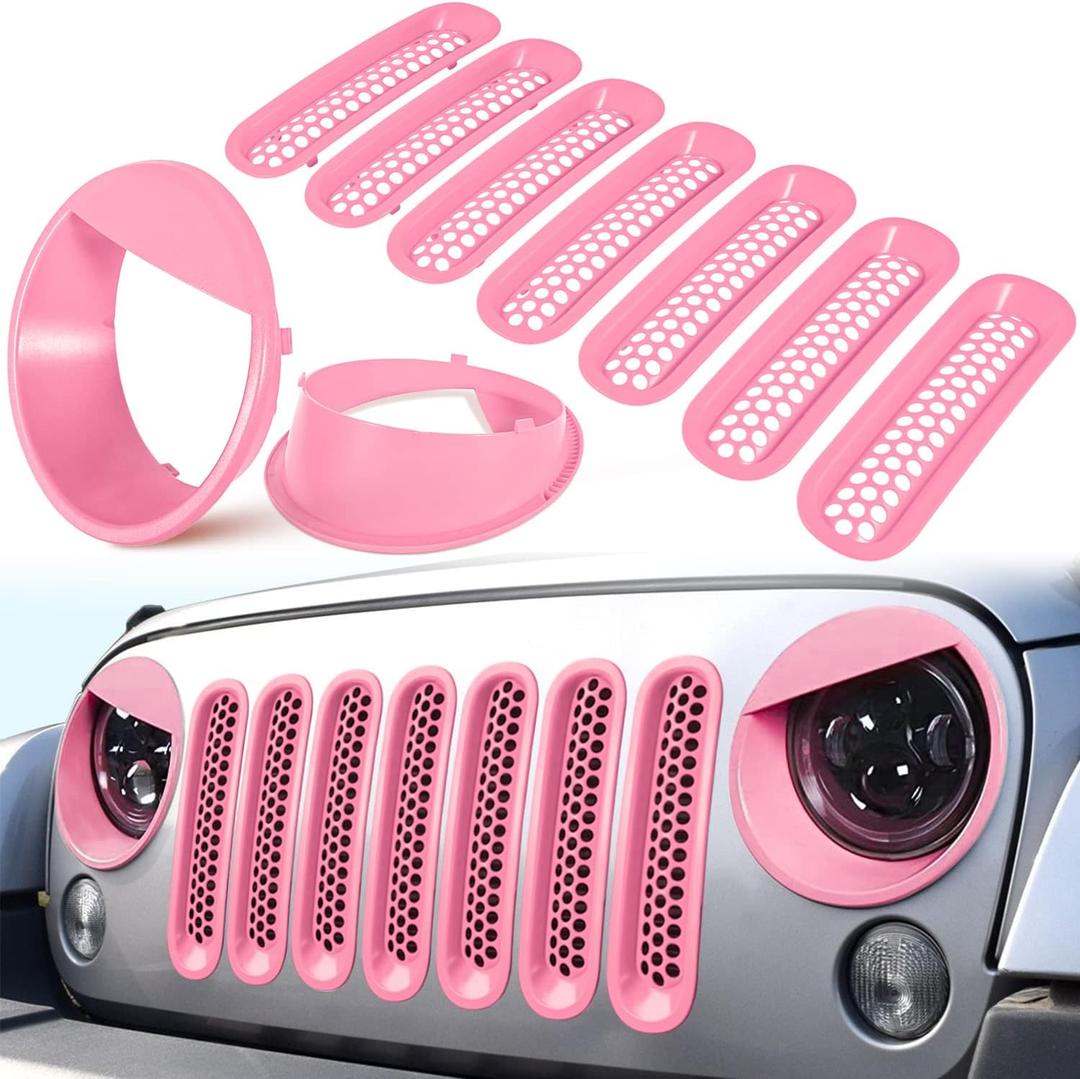 Front Grille Mesh Inserts & Headlight Cover for Jeep Wrangler JK JKU Sport Freedom Rubicon Sahara Unlimited 2007-2018 Exterior Accessories Clip-in Grille Guard Headlight Bezels Trim (Matte Pink)