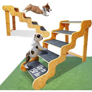 Dog Steps for Bed, 5 Step Dog Stairs, 24 Inches High Dog Stairs for Small Dogs to Get On 30 Inches High Beds/ Car, Made of Bamboo Can Support Large Dogs Weighing Up to 160 LB