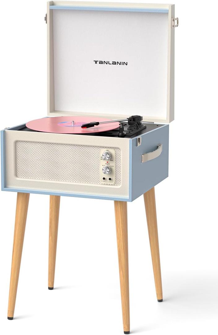 Vintage Standing Blue Vinyl Record Player with Detachable Legs, Built-in 4 Speakers, USB to PC Encoding, 33/45/78 RPM LP Player Bluetooth Retro Turntables Support Headphone Jack, RCA Out, AUX in