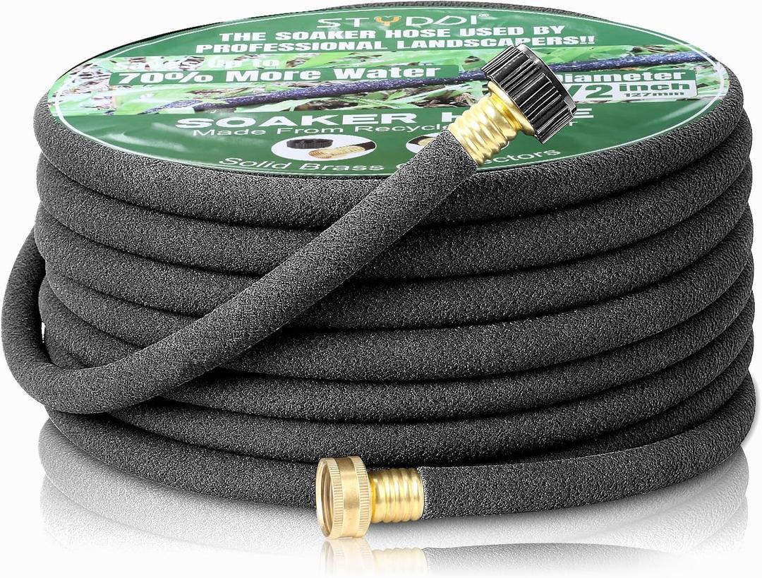 STYDDI Soaker Hose, 1/2" x 25 FT Round Rubber Garden Soaker Hose, Heavy Duty Water Seeper Soaker Hoses for Foundation Watering, Garden Beds, Garden, Lawn and Plants