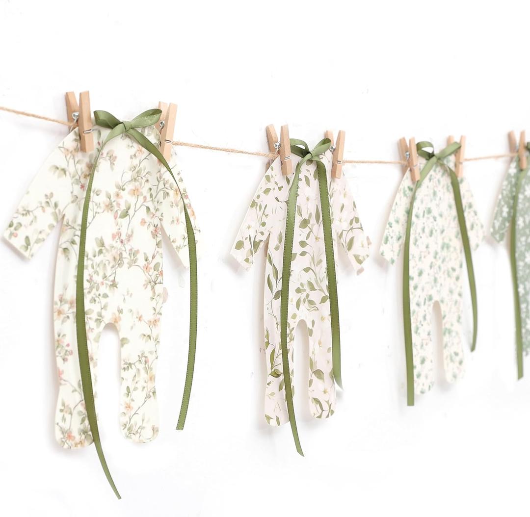 8pcs Neutral Baby Shower Bunting - Green Baby Pajamas with Ribbon Bows, Gender-Revealing Neutral Party Supplies, Clothesline Birthday Party Banner (Baby Shower Banner Green)