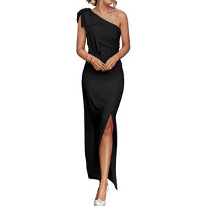 PRETTYGARDEN Women's Summer One Shoulder Long Formal Dresses Sleeveless Ruched Bodycon Wedding Guest Slit Maxi Dress (Black, X)