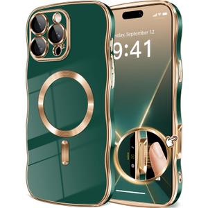 GVIEWIN for iPhone 16 Pro Case Compatible with MagSafe, Upgraded [Full Camera Protection][Cute Wave Frame][Military Grade Protection] Electroplated Soft Phone Cover for Women Girl, Green