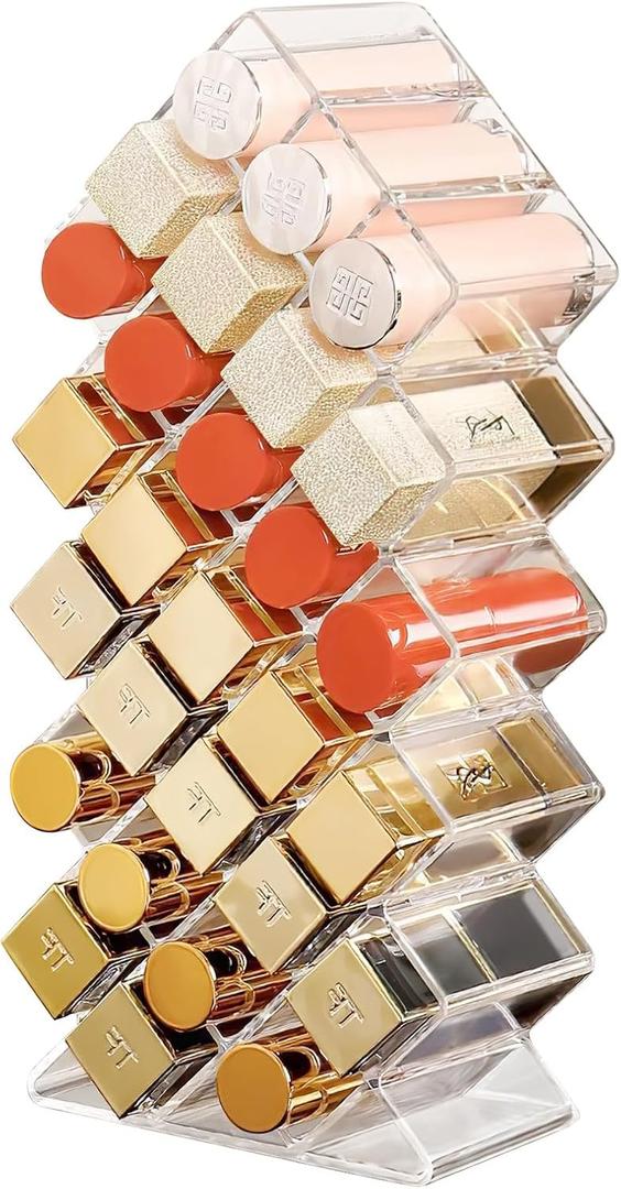 Clear Lipstick Organier, Acrylic Lipstick Holder 28 Slots, Lip Gloss Organier, Stackable Fish Shape Lipstick Tower, Lipstick Display Case for Lipstick, Mini Rollerball Perfume
