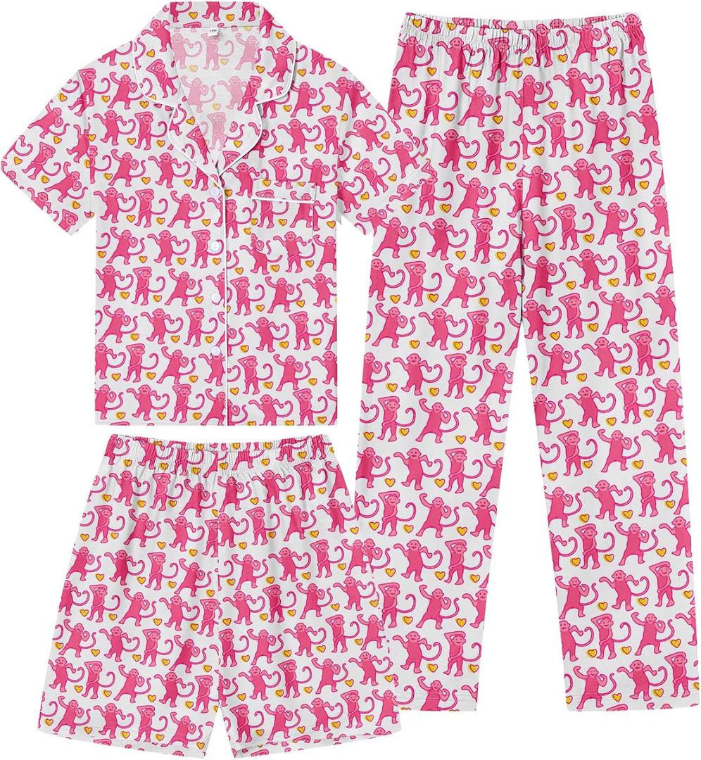 SWOMOG Kids Pajamas Sets 3PCS Short Sleeve Long Pants with Shorts Girls Boys Button Down PJS Cute Loungewear for 4T-15Years, (12-13 Years, Pink Monkey)