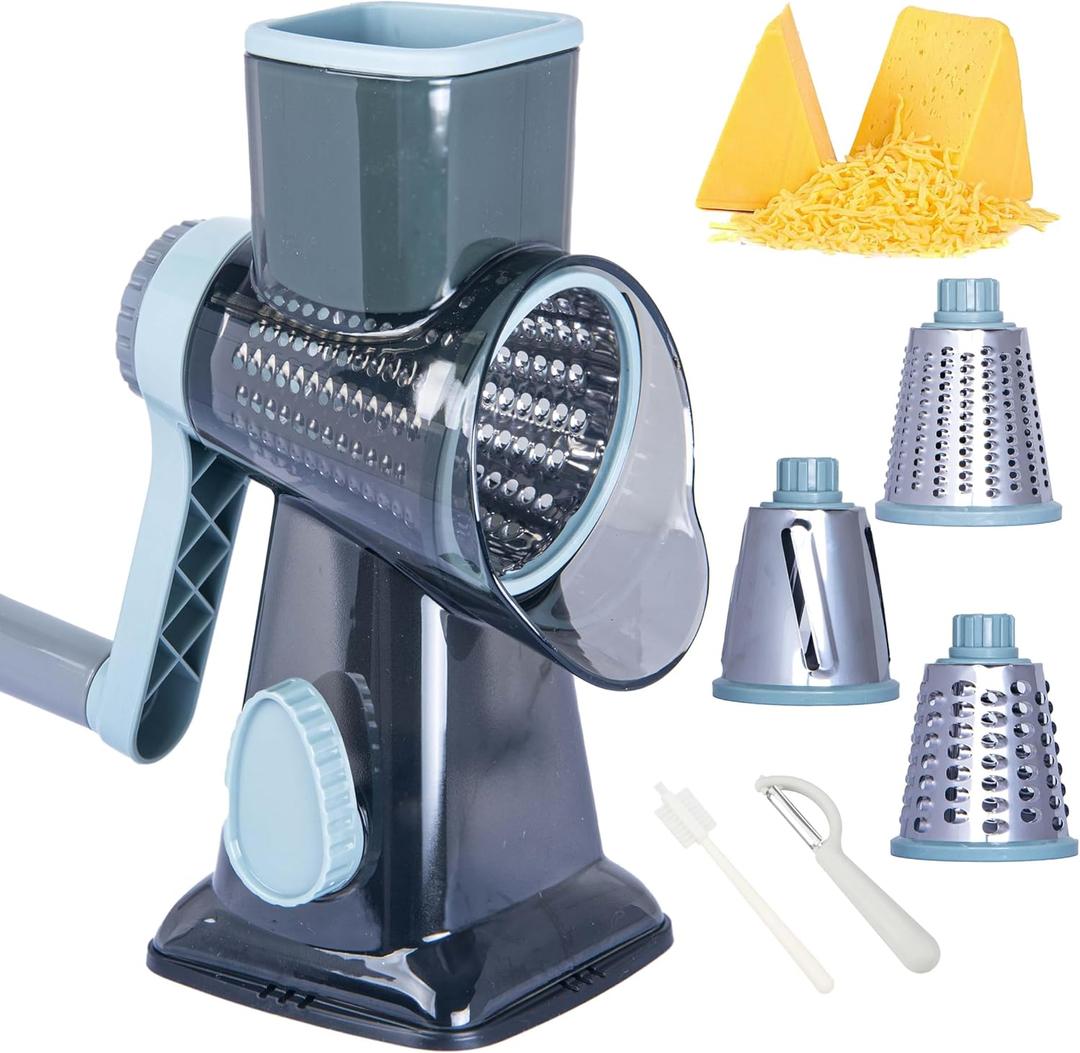 Rotary Cheese Grater Cheese Shredder, Cheese Grater Handheld with Strong Suction Base,Kitchen Vegetable Slicer 3 Replaceable Stainless Drum Blades for Fruit, Food, Nuts,Easy to Use Clean (Blue)