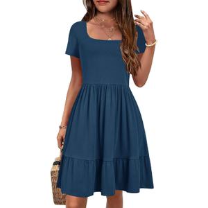 YOVION Girls Summer Dress Square Neck Short Sleeve Casual Loose Ruffle Tiered Dresses with Pockets for 8-9 Y (Blue)