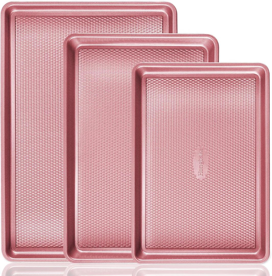 HONGBAKE Baking Sheet Pan Set, Cookie Sheets for Oven, Nonstick Half/Quarter/Jelly Roll Pans with Diamond Texture Pattern, Heavy Duty Cookie Tray, Pink (Pink Carbon Steel)