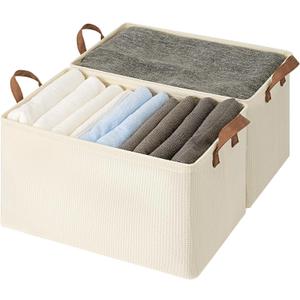 StorageWorks Storage Bins, Shelves Baskets for Organizing, 45L Extra Large Fabric Closet Organizers with Handles, Metal Frame, BeigeTexture, 2-Pack