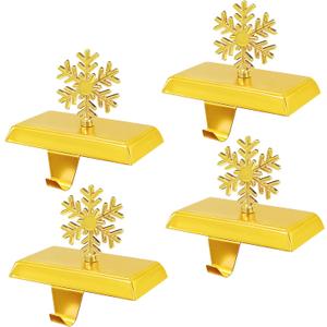MNKXL Set of 4 Metal Christmas Stocking Holders for Mantle,Heavy Duty Weighted Stocking Holders for Mantle,Gold 3D Snowflake Stocking Holder for Tables Window Fireplace Christmas Decorations