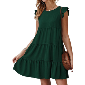 KIRUNDO Women's Summer Dresses Sleeveless Ruffle Sleeve Round Neck Solid Loose Short Flowy Pleated Mini Babydoll Dress, XL
