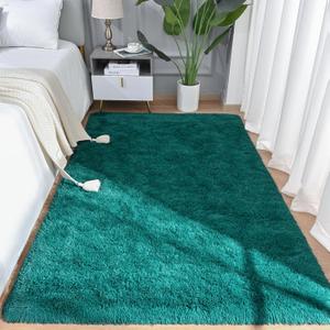 AROGAN Shag Area Rug for Bedroom, 4x6 Feet Washable Rugs for Living Room, Non-Slip Indoor Floor Carpet Rugs, Plush Memory Foam Beside for Kids Girls Teens Room Rug, Teal Green