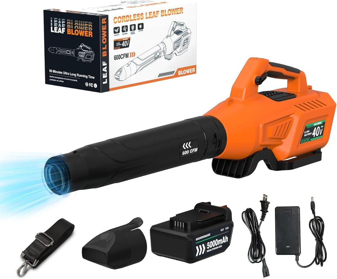 Leaf Blower Cordless with Battery - 40V Powerful Electric Leaf Blower, 600CFM &180MPH and Variable-Speed with 5.0Ah Battery and Charger for Lawn Care, Patio, Dust, Blowing Leaves (Orange)