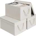 StorageWorks Storage Bins with Lids, Decorative Storage Boxes with Soft Rope Handles, Foldable Stackable Storage Baskets for Closet, Shelves, 3-Pack, Ivory and White, Large