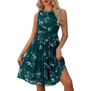 OURIN Womens Summer Casual Floral Boat Neck Semi Formal Cocktail Mesh Dress Modest Wedding Guest Dress (L)