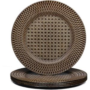 Spsyrine Faux Rattan Plastic Rustic Charger Plates, Set of 6 Elegant Round Plate Chargers for Dinner, Decorative for Events and Parties. (Plaid) (Brown)
