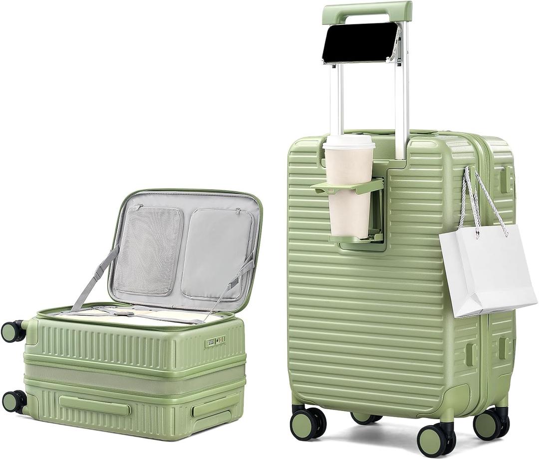 HanTrip 20 Inch Carry on Luggage 22x14x9 Airline Approved Hard Shell Suitcases with Wheels, Top Opening Expandable Carry on Luggage with Cup Holder Small Rolling Suitcase with Lock, Bamboo Green