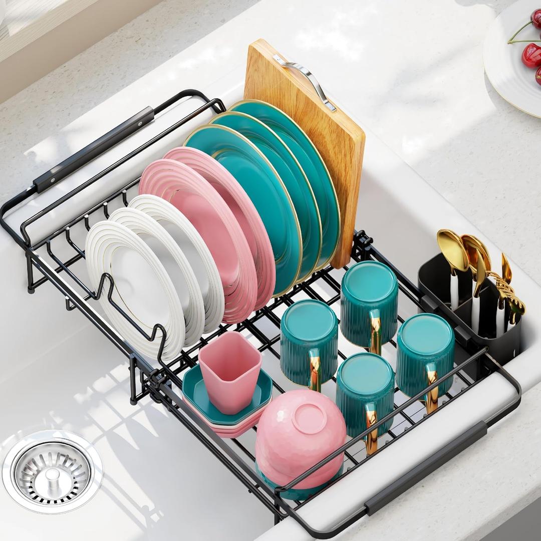 Urackify Expandable Stainless Steel in Sink Dish Drying Rack - Adjustable Dish Rack Over Sink, Rustproof Dish Drainer for Kitchen Counter, Dish Strainer with Utensil Holder, Fit Sink for 13"-18" (Black)