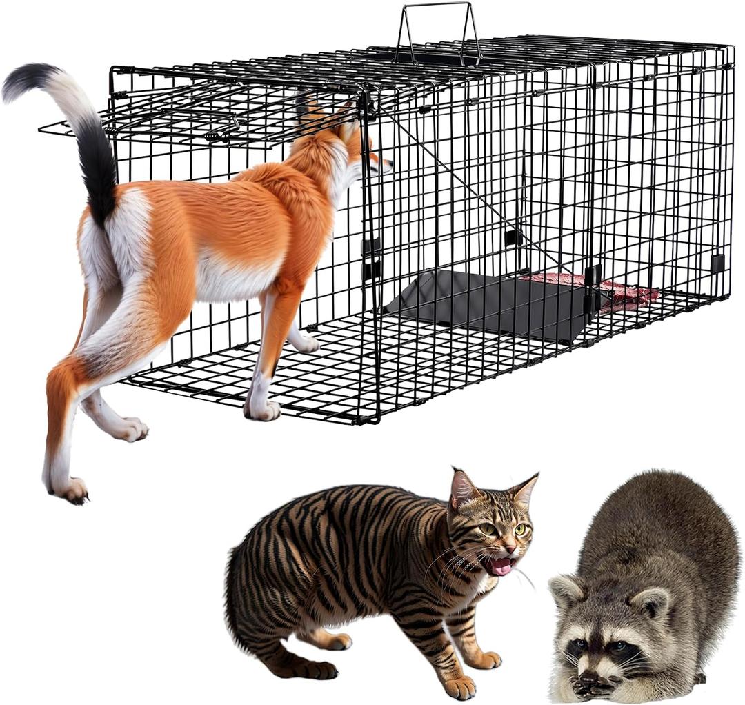 Humane Large Animal Trap Black 42 x 15.7 x 17.7 inch, Easy to Set & Release Animal Trap Cage, Collapsible Live Traps for Dogs, Raccoons, Foxes, Coyotes