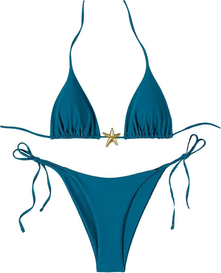 SHENHE Women's Triangle String Bikini Set 2 Piece Halter Swimsuits Starfish Metal Linked Swim Set (Medium, Blue)