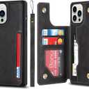 Cavor for iPhone 14 Pro Case with Card Holder,for iPhone 14 Pro Wallet Case for Women Men,Phone Case for iPhone 14 pro with Stand Credit Card Holder, Leather Strap Shockproof Cover- Black