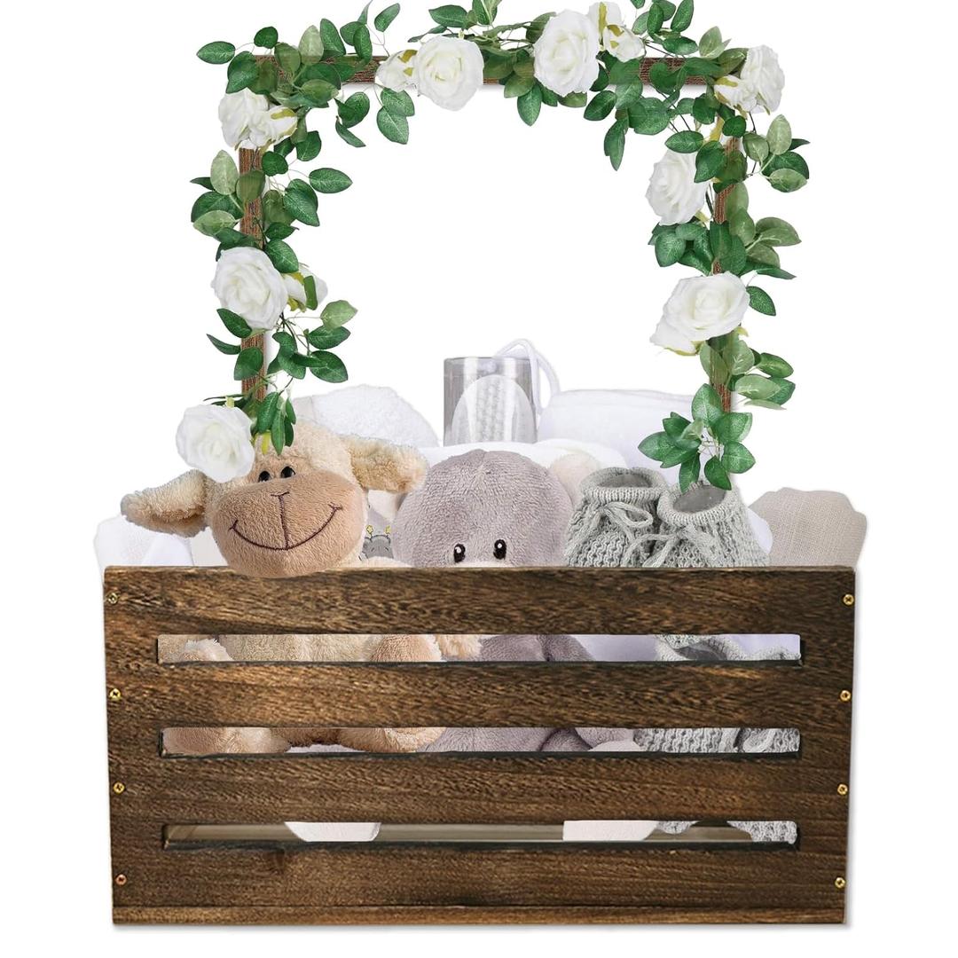 Baby Shower Crate Closet, Large Wooden Baby Basket with Handle, Baby Storage Crate Hamper, Baby Shower Gifts Crate, New Born Baby Gifts Basket for Boys Girls, Pregnancy Gifts for New Parents(Brown)