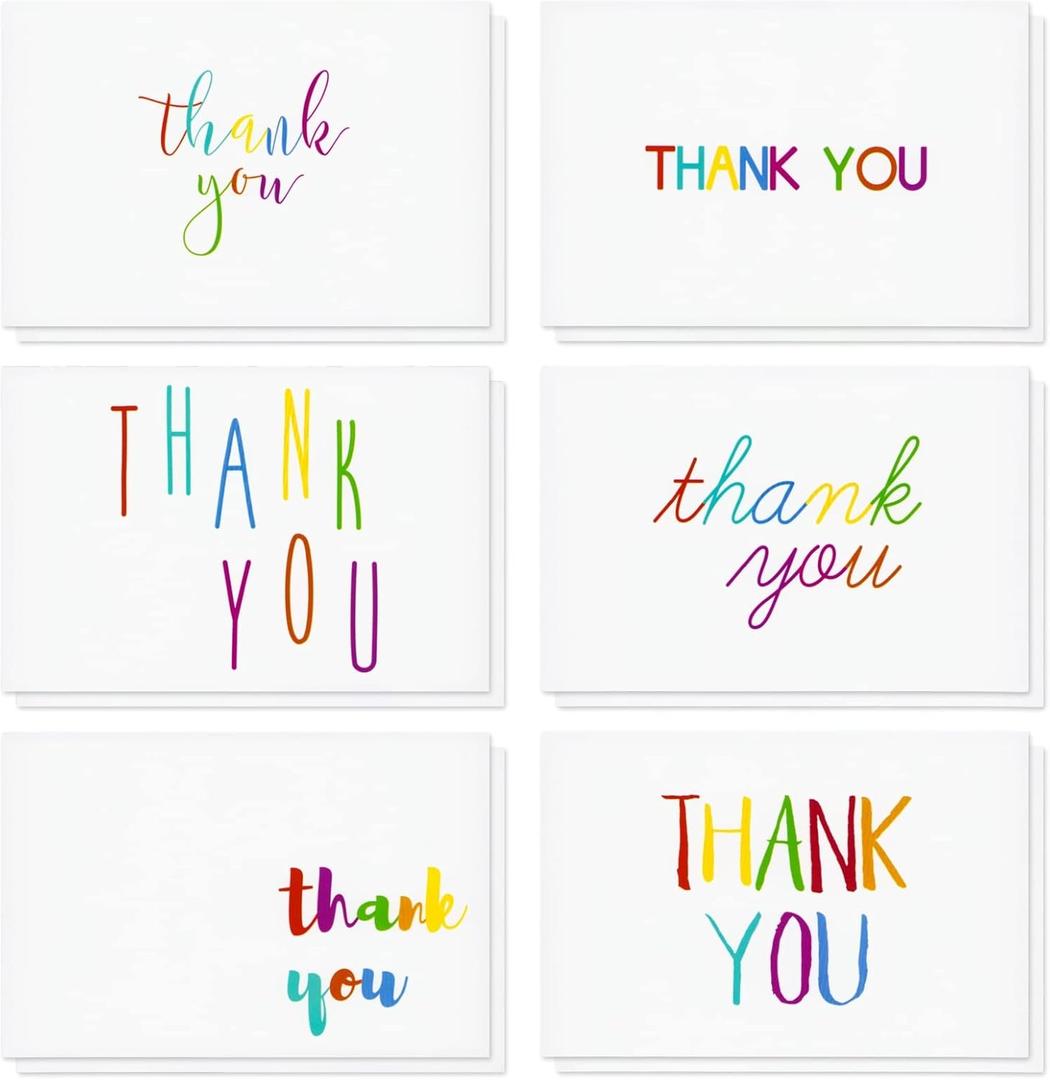 Juvale Thank You Cards with Envelopes - Bulk Blank Thank You Notes & Cards for Kids & Adults - 6 Assorted Rainbow Designs - White, 48 Pack, 4 x 6 In