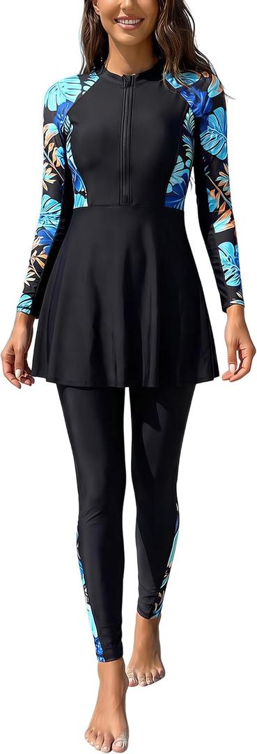 OBEEII Women Burkini Muslim Swimsuit Long Sleeve Tropical Print Rash Guard Bathing Suit Full Cover Modest Beachwear Wetsuit (Black, L)