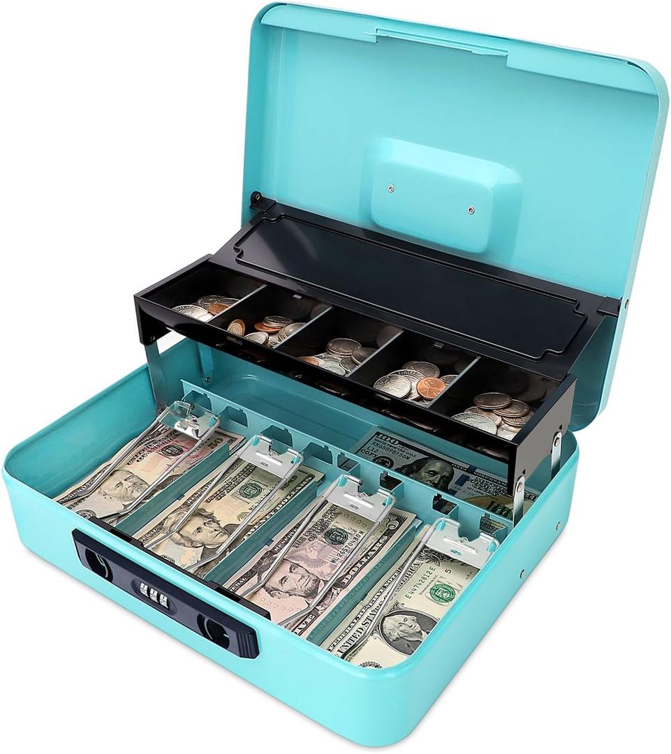 Jssmst Locking Metal Cash Box with Coin Lid, 11.8L x 9.5W x 3.5H Inches, Safe Money Box with Key Lock, Light Blue, SMCB0519LB