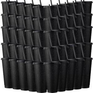 Honeydak 60 Pack Tumbler with Straw and Lid Bulk Cups for Gifts Glitter Plastic Coffee Cups 24-27 oz Reusable Water Bottle Iced Coffee Travel Mug Party Favors for Birthdays Travel (Black)